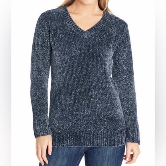 ⭐️ORVIS Chenille Knit Tunic Sweater Navy Blue V Neck - Picture 1 of 6